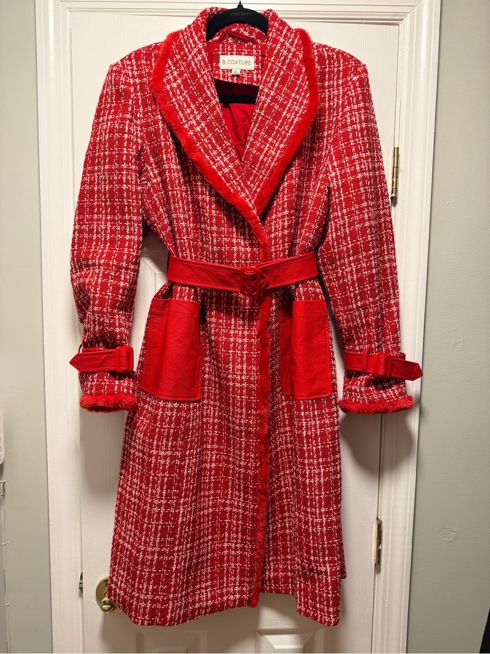 B Coature Red Tweed Belted Coat - Size L - NWOT